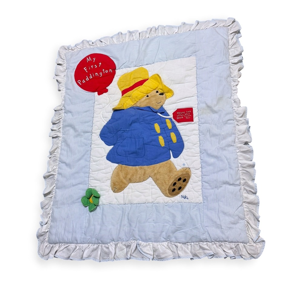 VTG 1991 NoJo My First Paddington Bear Baby Blanket Quilt Blue Stripe USA Ruffle